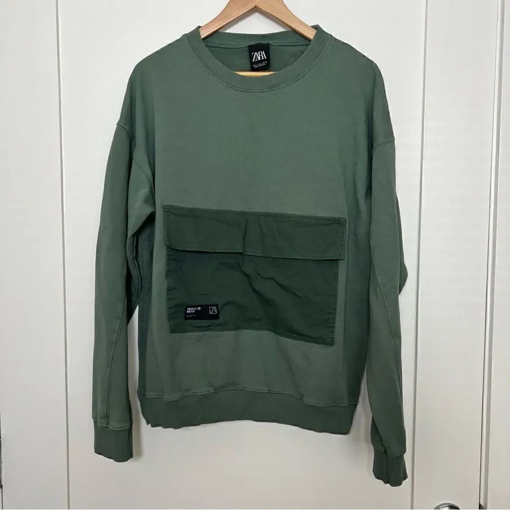 Zara Sweatshirt Mens Sz L Green French Terry Flap Front Pocket Crewneck Lounge